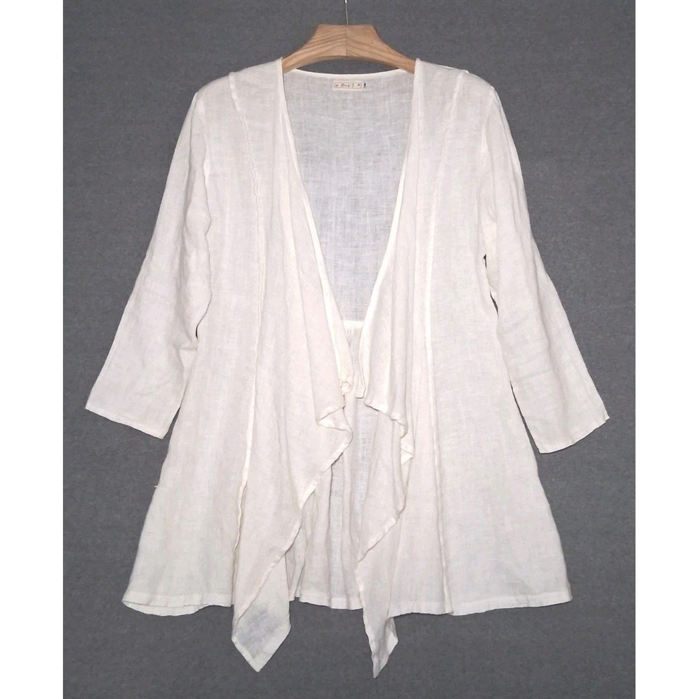 Bodil White Linen Open Front Jacket Blazer Cardigan Flowy Asymmetric Drape Hem M